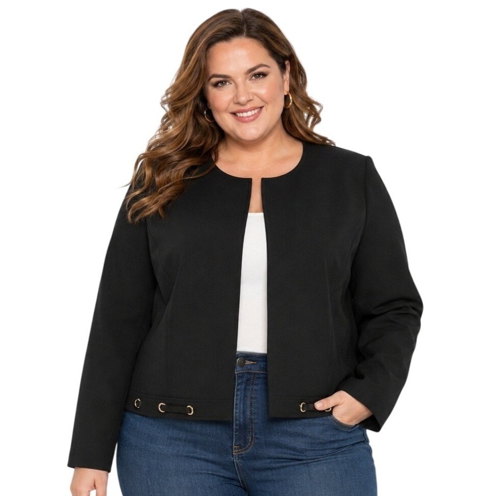 Tahari Blazer Jacket Women 14 Black Grommet Detail Collarless Professional New
